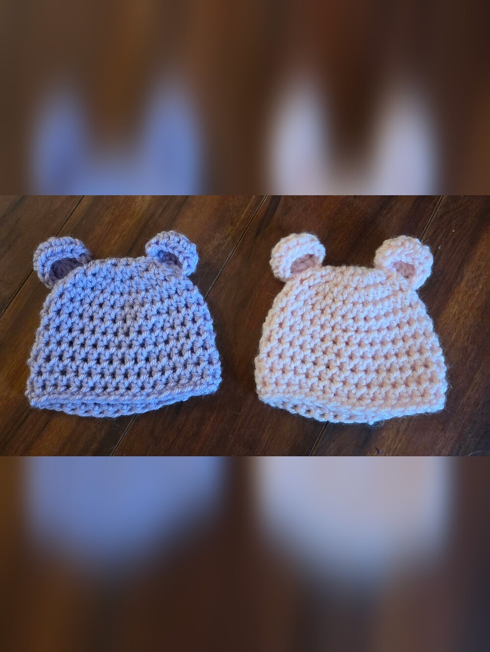 (2) Baby Girl's Handmade Baby Bear Crocheted Pink & Purple Hats